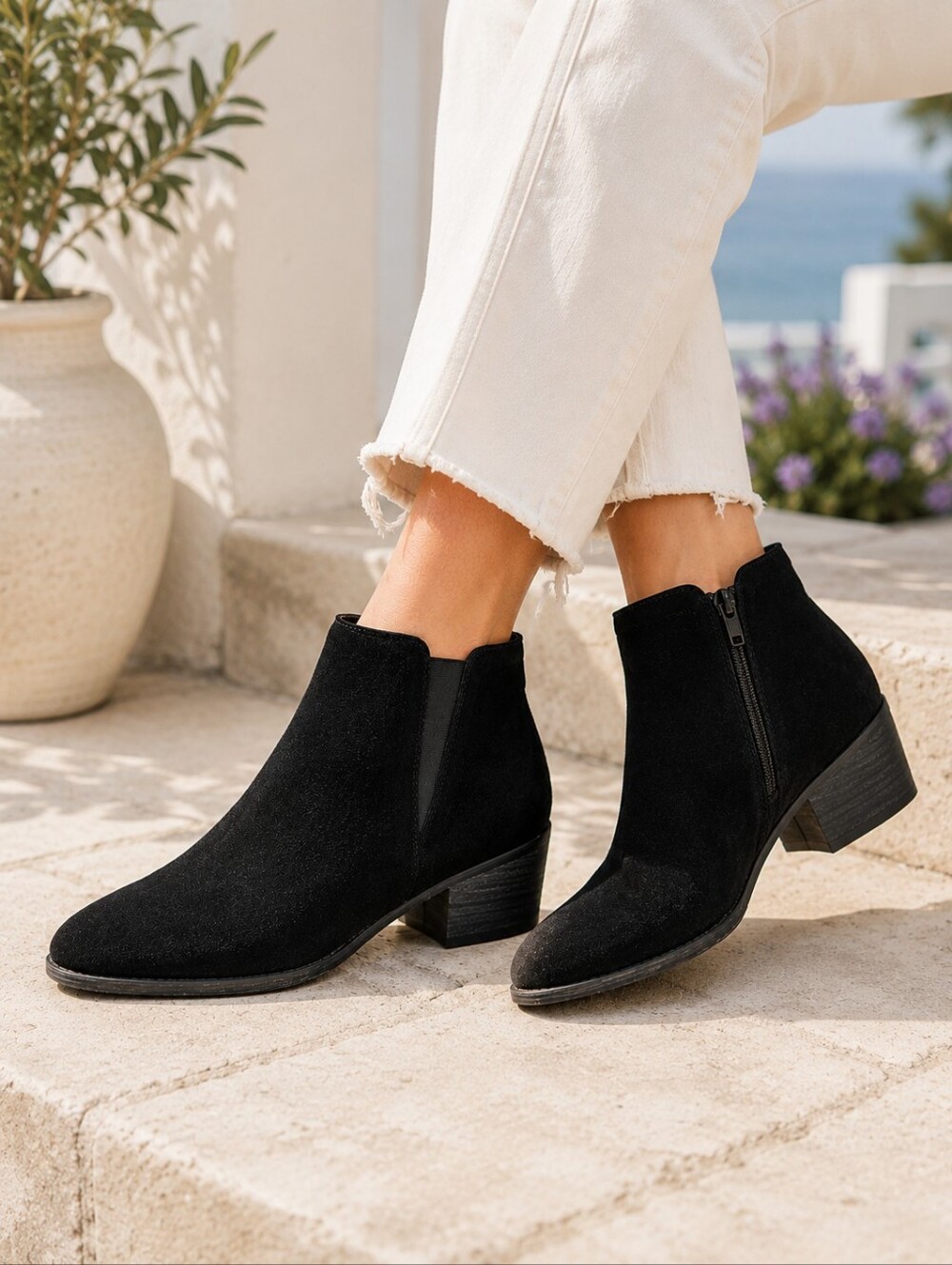 Suede Leather Ankle Boots 8.5 Minimalist Capsule Wardrobe Patina Black Chic